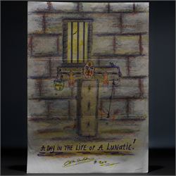 Charles Bronson (Charles Arthur Salvador) (British 1952-): A comprehensive collection of five hundred mixed media works executed between 2000 and 2025. Produced during the artist’s long-term incarceration, the works are primarily in ink, coloured pencil and mixed media on paper. The collection includes multiple formats: A5 (15 works), A4 (308 works), A3 (164 works) and A2 (13 works). Some are signed and dated; a number are executed on the reverse of official prison documents and other repurposed materials, reflecting the limited availability of art materials within the prison environment. This collection represents the largest body of the artist’s work to be offered as a single lot and has not previously been available on the market. (500) (unframed)

Notes: Dated examples span the period from 2000 to 2025, with the greatest concentration produced between 2012 and 2019 and including a group of recent large-scale works from the final years of the period; approximately twenty percent are undated.