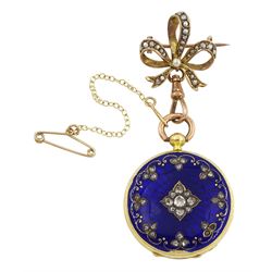 19th century French 18ct gold full hunter key wound cylinder ladies fob watch, the inner dust cover engraved 'Chs Oudin Bte Palais Royal 52 No. 16239..', white enamel dial with Roman numerals, guilloche blue enamel and diamond outer case, eagle hallmark, with gold split seed pearl bow brooch