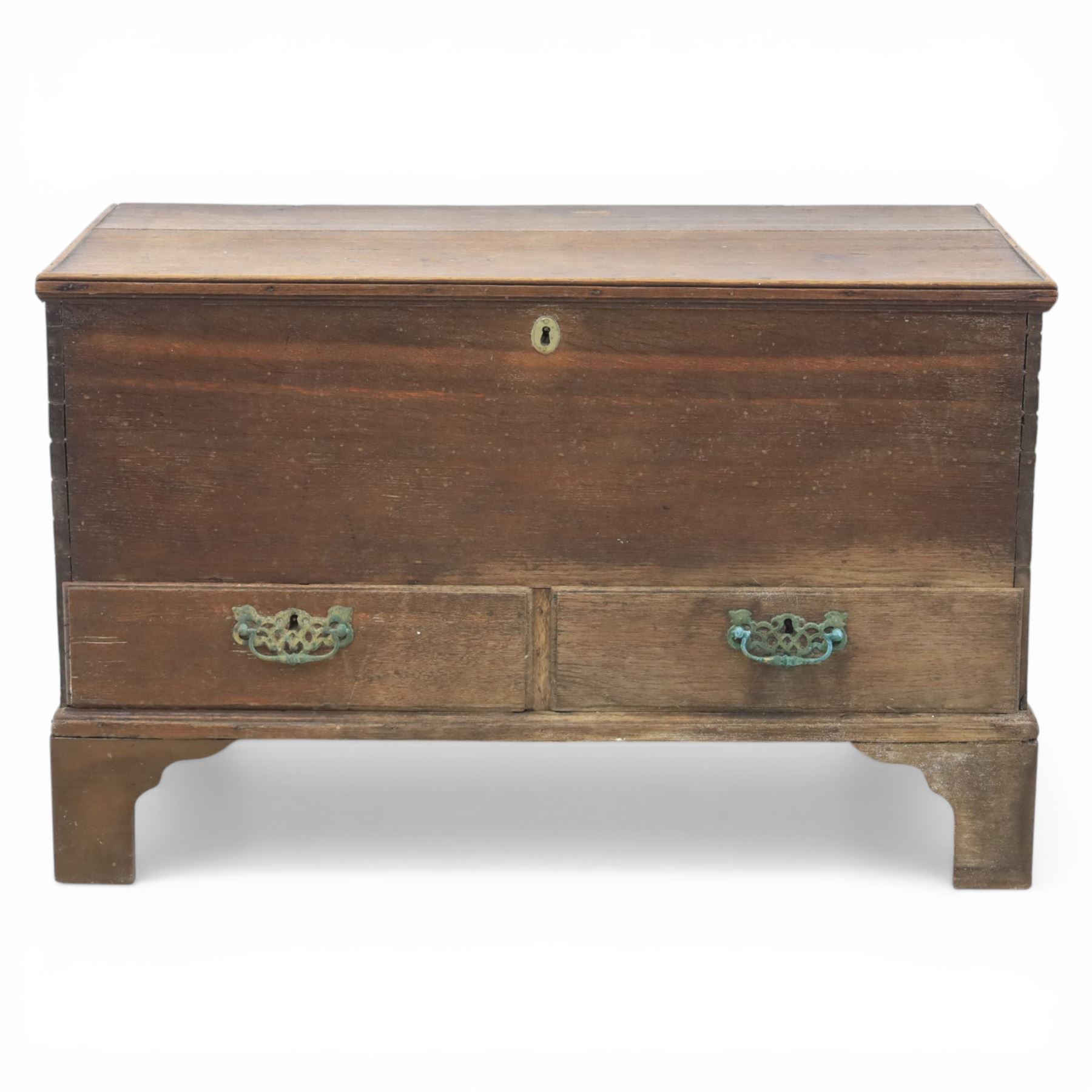 19th century oak mule chest, with lidded top above two short drawers, raised on bracket feet