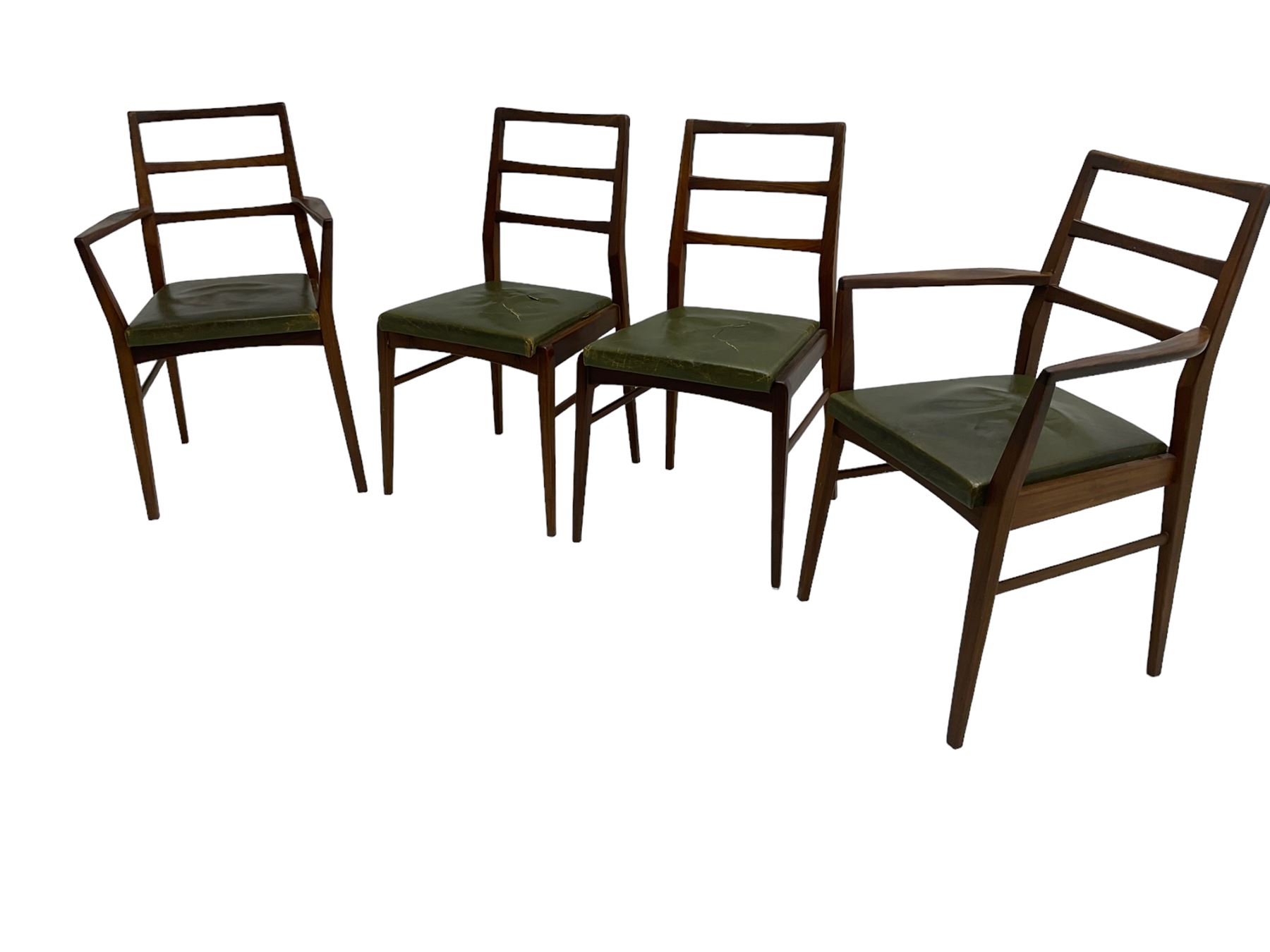 Richard Hornby for Fyne Ladye - set of six (4+2) mid-20th century dining chairs, ladder back over green faux leather upholstered drop-in seat, on tapering supports