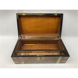 Victorian brass bound walnut writing slope, the hinged lid with engraved rectangular plaque lifting to reveal compartmented interior for restoration, L50cm D27cm H19.5cm