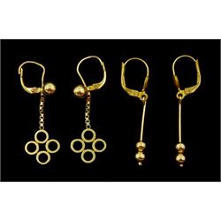 Pair of 18ct gold circular pendant earrings and one other pair of gold ball pendant earrings