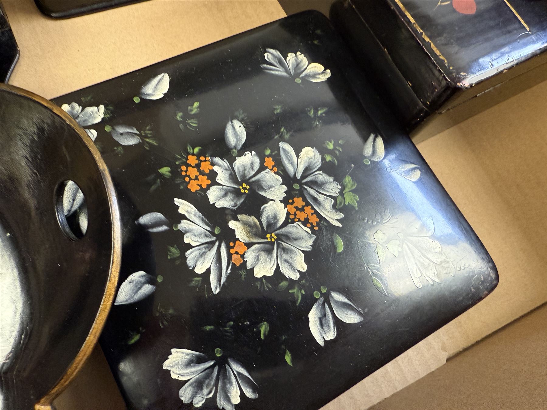 Papier mache boxes, including glove box, jewellery box and two square boxes and a crumb tray