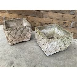 Pair of weathered cast stone square planters, daisy chain detail, one stamped