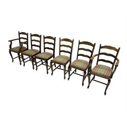 Set six (4+2) Georgian design oak dining chairs, ladder back with shaped rails carved with rose, drop-in seat upholstered in green and red tartan, raised on cabriole supports united by stretcher