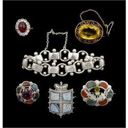 Victorian and later jewellery including gold citrine brooch, stamped 9ct, gold and silver paste stone set ring, silver book link bracelet, silver blue laced agate shield brooch and two other paste and hardstone brooches