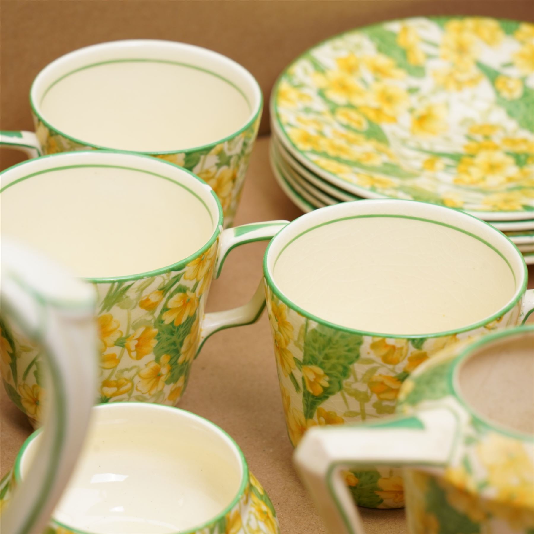 Art Deco Crown Ducal Chintz ware part coffee service, with pot lacking cover, six cups and five saucers etc