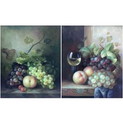 E Hollis (19th/20th Century): Still Life of Fruit and Wine, pair oil on canvas signed 29cm x 24cm (2)