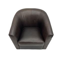 Laura Ashley - tub shaped swivel armchair, upholstered in dark brown leather 