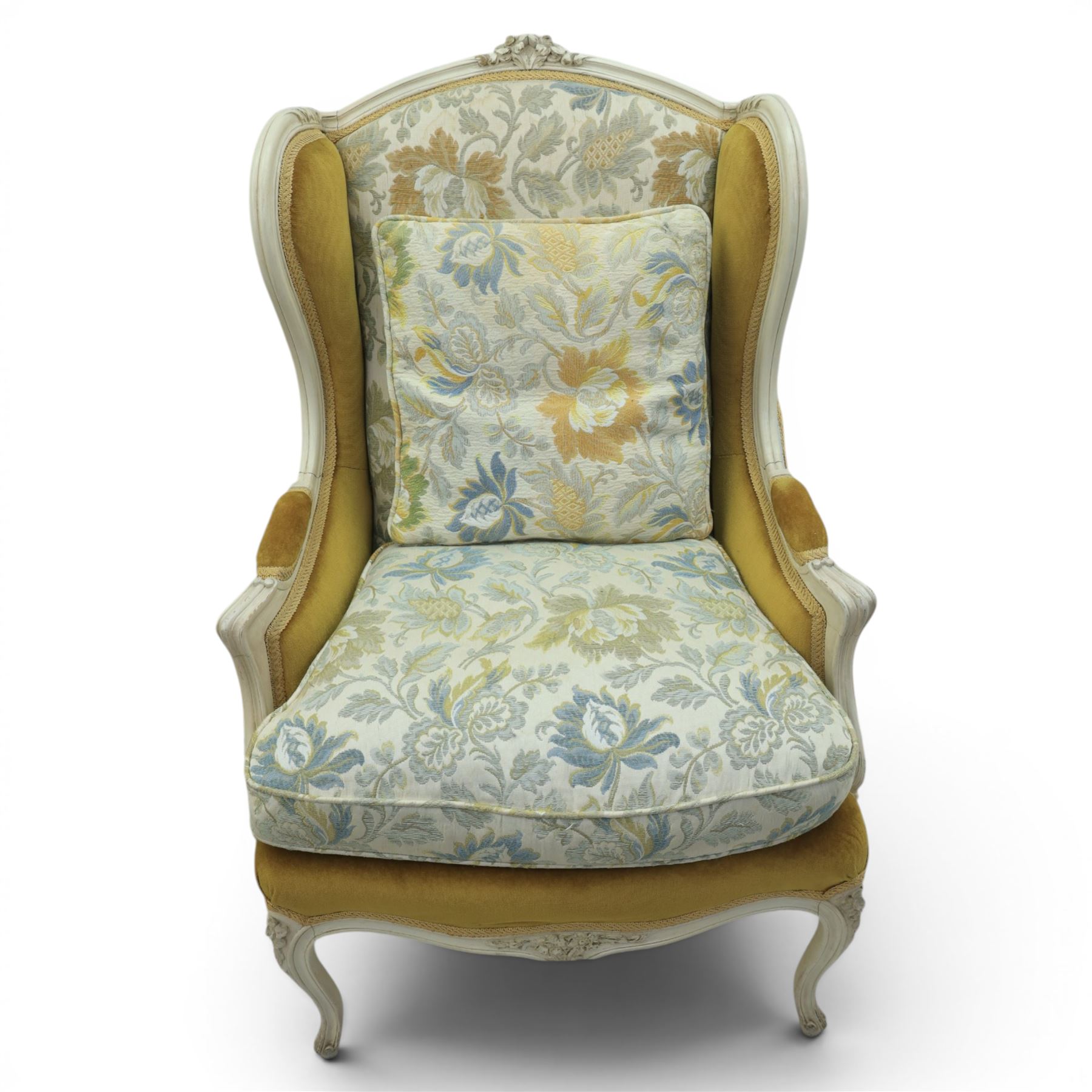 Pair of Louis the XV design white painted armchairs, upholstered in gold fabric with beige floral tapestry back and cushions