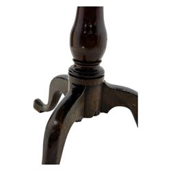 19th century mahogany tilt-top occasional table, circular top on a turned baluster column, raised on three splayed supports