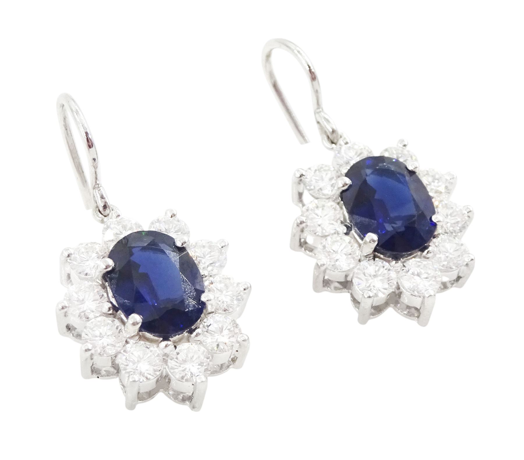 Pair of 18ct white gold oval cut sapphire and round brilliant cut diamond pendant earrings, total sapphire weight approx 2.65 carat, total diamond weight approx  2.00 carat