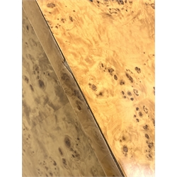 Pair Art Deco style figured maple bow front bedside cabinets, two drawers fitted with polished metal handles, W50cm, H54cm, D49cm