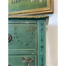Edwardian Adam Revival green-painted and parcel gilt bowfront chest, moulded and foliate carved top painted with trailing floral band, fitted with four drawers decorated with trailing floral festoons, ribbon ties and urns, oval handle plates with engraved decoration and bead cast handles, on turned supports decorated with acanthus leaves and draped festoons 