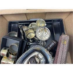 Quantity of silver-plate and other metal ware to include boxed canteen of cutlery, cased butter knives with green handles, teapots etc