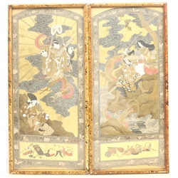 Japanese School (Early 20th century): Samurais and Dragons, pair paintings on gilt 48cm x 21cm