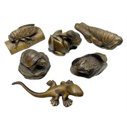 Six netsuke, modelled as a lizard, cricket, frog, bird on a flower, turtle and insect