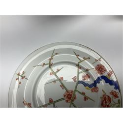 19th century Royal Crown Derby in cherry tree pattern, twin handled sauce dish and saucer and twin handled dish, together with three Royal Crown Derby plates, including one signed WEJ Dean