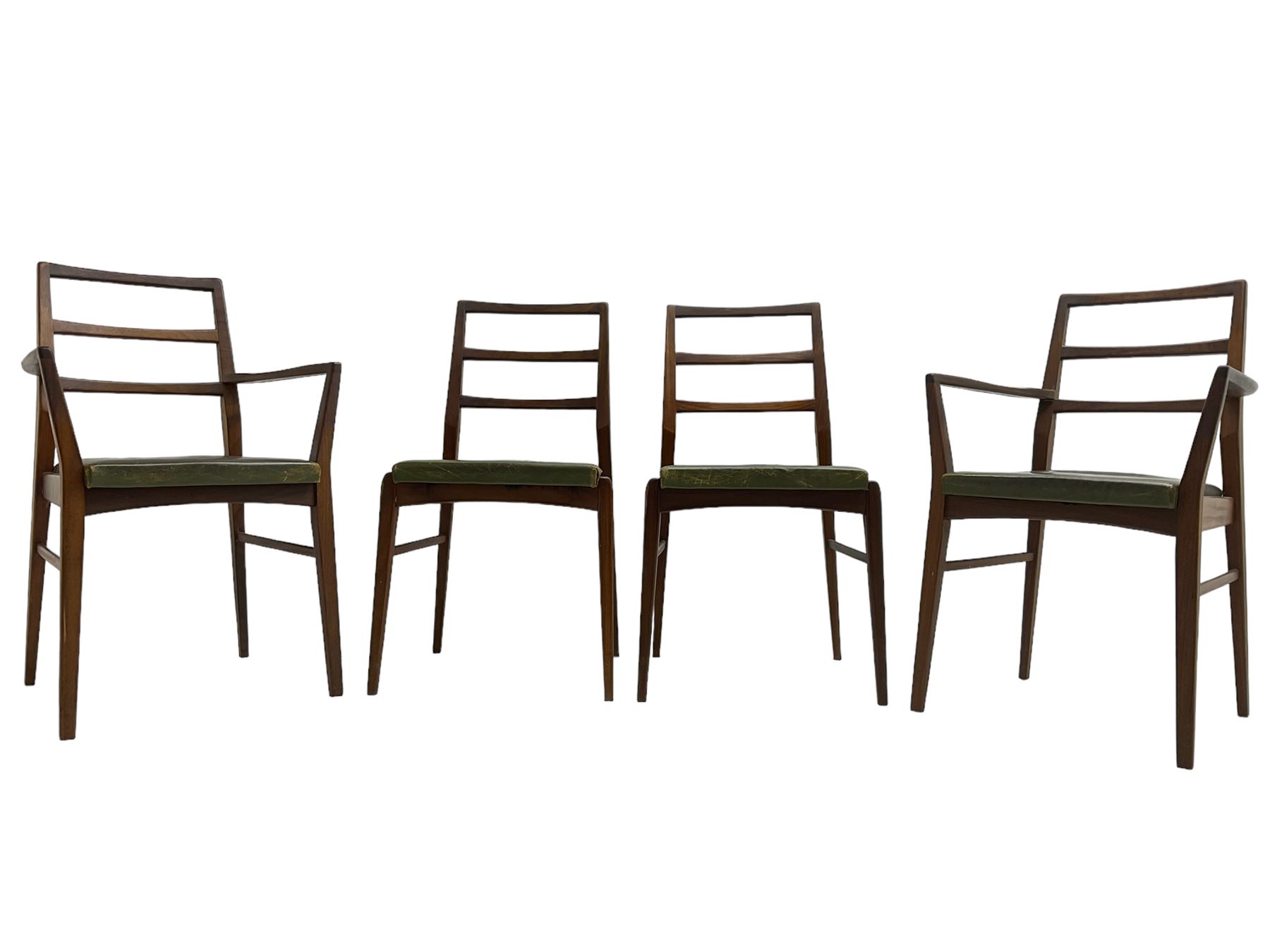 Richard Hornby for Fyne Ladye - set of six (4+2) mid-20th century dining chairs, ladder back over green faux leather upholstered drop-in seat, on tapering supports