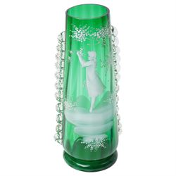 Victorian Mary Gregory style green glass vase, and blue studio glass bowl, D26cm 