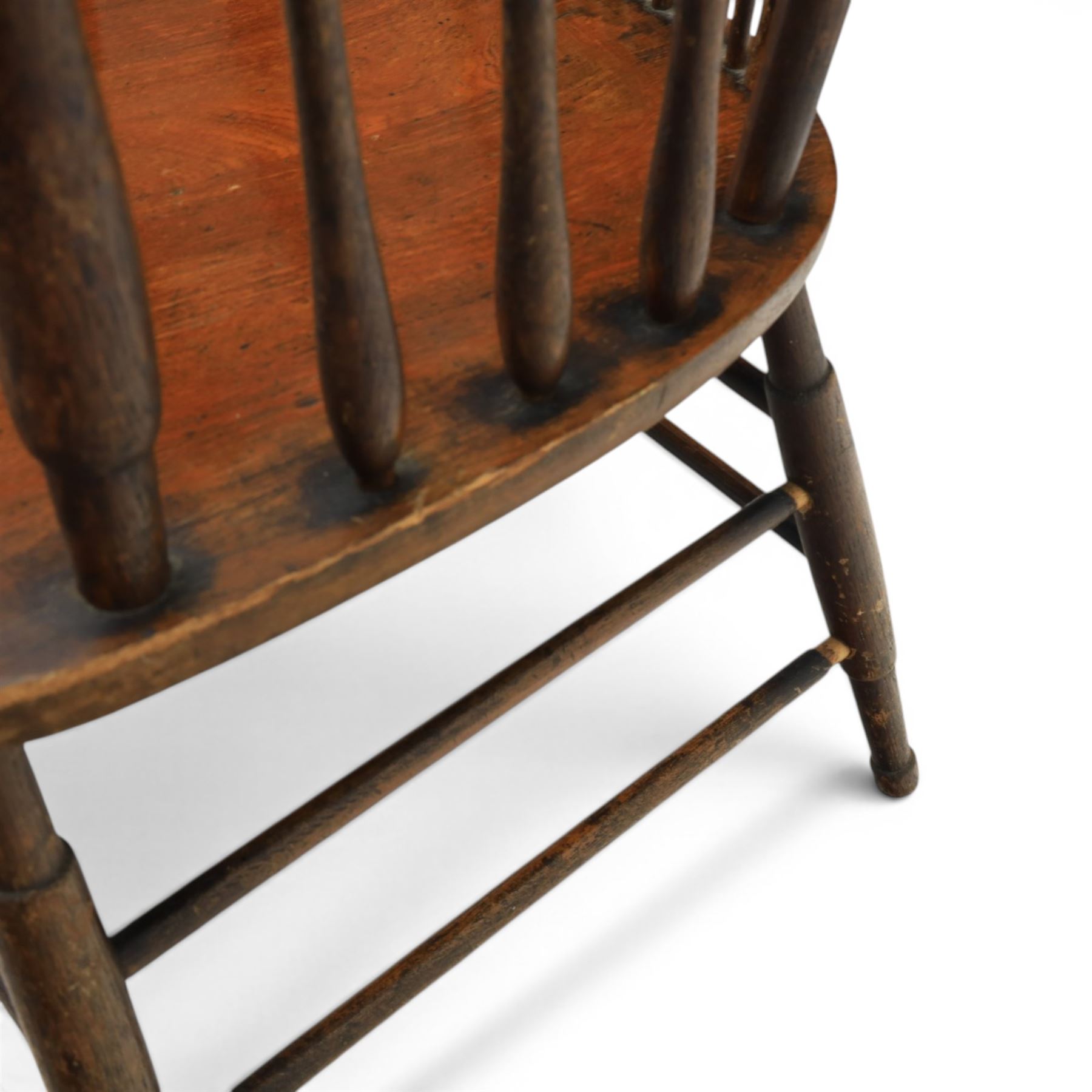 Set of three 19th century ash and elm spindle back Windsor armchairs, arched top rails above fan-shaped spindle backs, curved arms with turned supports, shaped saddle seats, on turned legs joined by H-stretchers