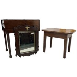 George III mahogany Pembroke table, rectangular drop-leaf top, on square tapering supports with block feet (69cm x 46cm, H70cm); mahogany side table, rectangular top with rounded corners; 
mahogany fretwork mirror (3)