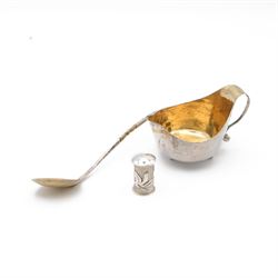 Modern silver cream jug, of circular form with gilt interior, gilt spiral decoration and planished finish throughout, the curved handle with berry detail to base, together with a silver cocktail spoon, with twist handle and a small pin box of cylindrical form, embossed with foliate decoration, all hallmarked Jonathan Braganza, London 2012 and 2013, cream jug H6cm