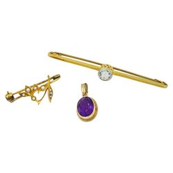 Early 20th century single stone aquamarine brooch, stamped 15ct, 14ct gold pearl brooch and a later 9ct gold amethyst pendant