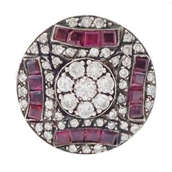 Rose gold and silver ruby and diamond circular ring, the central cluster set with eight ro...