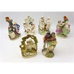  Collection of 19th century and later Staffordshire groups including three spill vases: 'The Rival' and two couples by a well and three other couples, H34cm max (6) Provenance: From a Private Yorkshire Collector  