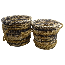  Pair graduating wicker log baskets with striped woven design and rope work handles, D48cm max   