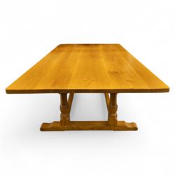 Wrenman - 10' x 5' adzed oak twin pillar dining table, with signature Wren carving on sleigh base, by Bob Hunter of Thirlby's workshop