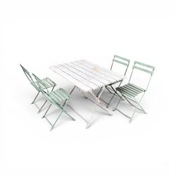Wrought metal folding garden table, with painted wood plank top; and four matching folding chairs
