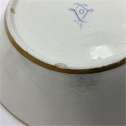 Sèvres soft paste porcelain coffee can and saucer with date code for 1767, painted with floral and laurel leaf garlands within blue scalloped and gilt borders, interlaced LL monogram enclosing the date letter O above painters mark for Catrice, coffee can H7.5cm, saucer D15cm