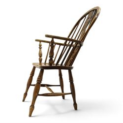 Early 20th century elm and ash high-back Windsor chair, double hoop-and-stick back with pierced and shaped splat, on turned supports joined by H-stretcher