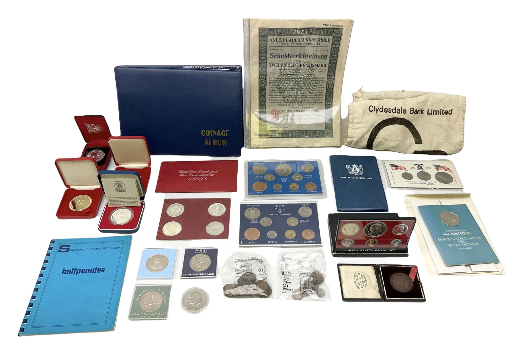 Great British and World coins, including Canadian 1975 dollar, United States of America 1975 proof set and bicentennial silver uncirculated set 1776-1976, Queen Elizabeth II Gibraltar 1977 sterling silver proof twenty-five pence, cased with certificate, New Zealand 1979seven coin set in blue wallet,  GB pre-decimal coins etc
