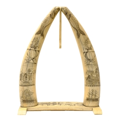  Early 19th century walrus ivory watch stand, the two supports Scrimshaw worked with flower vases, cottages, sailing vessels and walrus, the rectangular base with a study of Whitby Old Draw-Bridge, together with a brass anchor, W27cm, H34cm, Note: The Bridge image is similar to the early 19th century engraving  by Pickernel, printed by Abraham. Removal of this Bridge began in 1833    