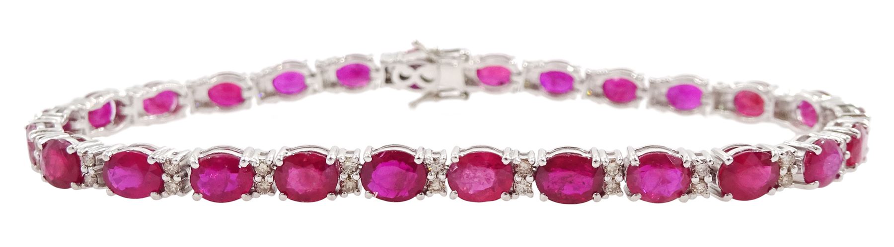 18ct white gold oval ruby and round brilliant cut diamond bracelet, stamped, total ruby weight approx 9.65 carat