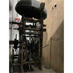 Michael Johnson of Barnard Castle (Yorks) - 30hr oak cased longcase clock c1820, with a swan necked pediment and central finial, break arch hood door flanked by turned pilasters, trunk with canted corners and a long door with a concave shaped top, on a rectangular plinth with a shaped base, painted dial with Arabic numerals, makers name, brass stamped hands and date aperture, countwheel striking, chain driven movement striking the hours on a bell.