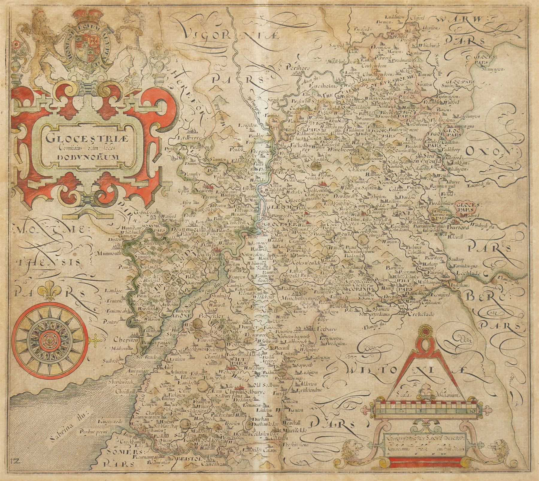 Christopher Saxton (British 1540-1610): 'Glocestriae comitatus olim sedes Dobunorum' (1627), early 17th century engraved map with hand-colouring pub. c.1627, 29cm x 33cm