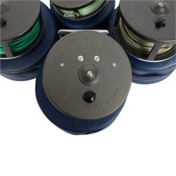 Four Hardy Bros Marquis fly fishing reels, comprising three No. 3 salmon reels and a No.1 Salmon reel, all within blue Hardy cases