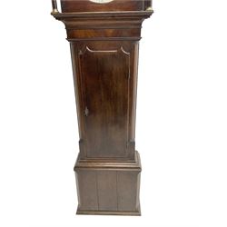 Henry Fisher of Preston (Lancs) -  late 18th century 30-hour oak and mahogany longcase clock c1790, with a flat topped pediment and moulded cornice, square hood door flanked by two plain pillars with brass capitals, trunk with recessed quarter columns, three-quarter length trunk door with an ogee twin spire top and crossbanding, rectangular plinth with canted corners and a narrow applied moulding to the base, circular 13” painted dial with Roman numerals, minute markers and five minute Arabic's, floral decoration to the centre and a semi-circular calendar aperture with date disc behind, original steel serpentine hands, dial inscribed “H Fisher, Preston”, dial pinned directly to a weight driven countwheel striking movement, striking the hours on a cast bell. With pendulum and weight.
Henry Fisher is recorded as working in Preston from 1742-95.
