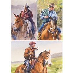 Diego Ferrer (Argentinian Contemporary): Gauchos on Horseback, set of three watercolours s...