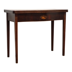  George lll mahogany serpentine front folding tea table, inlaid with specimen wood roundel, Trafalgar cannon and stringing, square tapered supports with single gate action, L90cm, W91cm, H75cm   