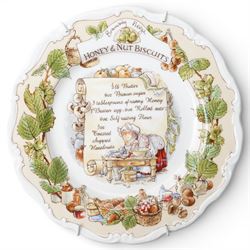 Eight Royal Doulton Brambly Hedge plates from the The Recipe Plate Collection, comprising 'Nettle Soup', 'Strawberry Shortcake', 'Mushroom Tart', 'Apple Pie', 'Elderflower Wine', 'Crystallized Violets', 'Blackberry Sorbet' and 'Honey & Nut Biscuits' (8)
