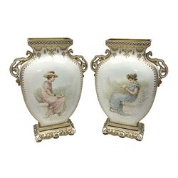 Pair of Copelands enamel jeweled twin handle vases, each decorated with a seated female figures, makers mark beneath, H22cm