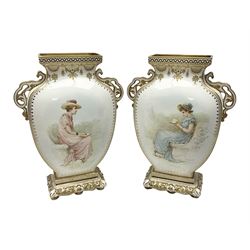  Pair of Copelands enamel jeweled twin handle vases, each decorated with a seated female figures, makers mark beneath, H22cm