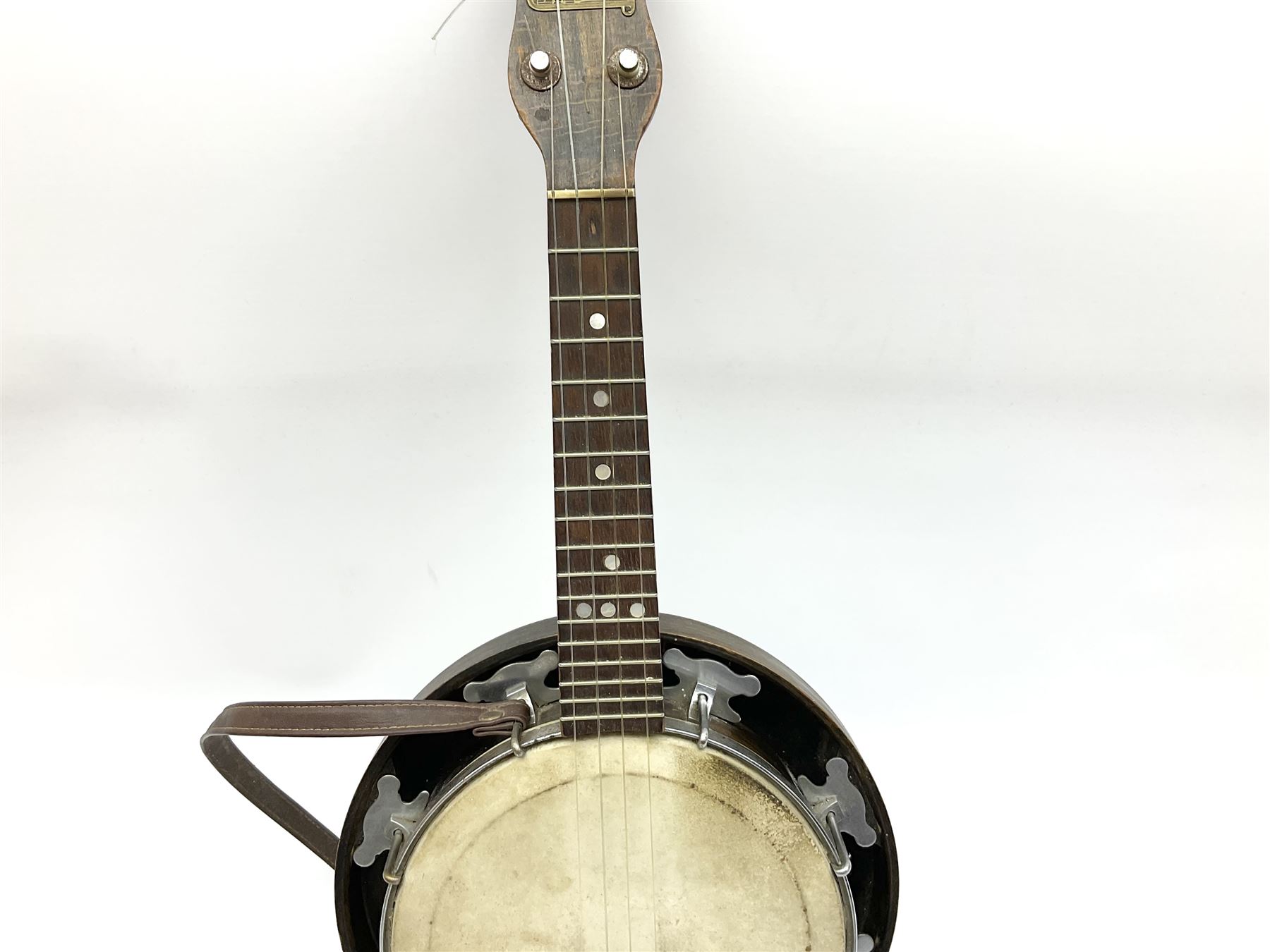 Melody-Uke four-string ukelele banjo, makers plaque to head stock L59cm; and Italian eight-string lute-back mandolin with mahogany stained segmented maple back and spruce top L59cm (2)