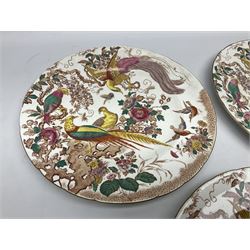 Five early 20th century Royal Crown Derby Olde Avesbury pattern dinner plates, decorated with oriental pheasants, butterflies and other birds amongst flowering branches, with impressed and printed marks to reverse, D26.5cm