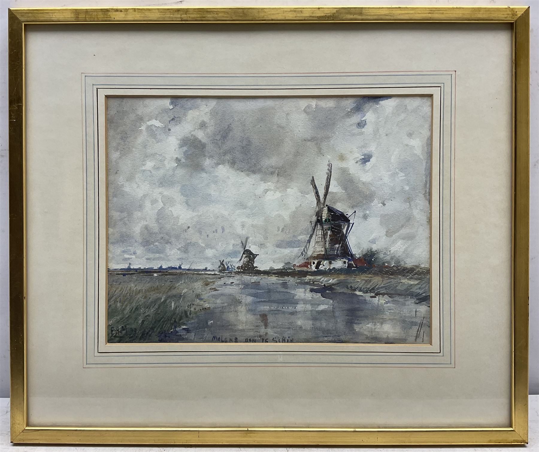 Frank Henry Mason (Staithes Group 1875-1965): 'Molens [Windmills] on the Schie', watercolour signed with initials titled and dated '99, 21cm x 28cm